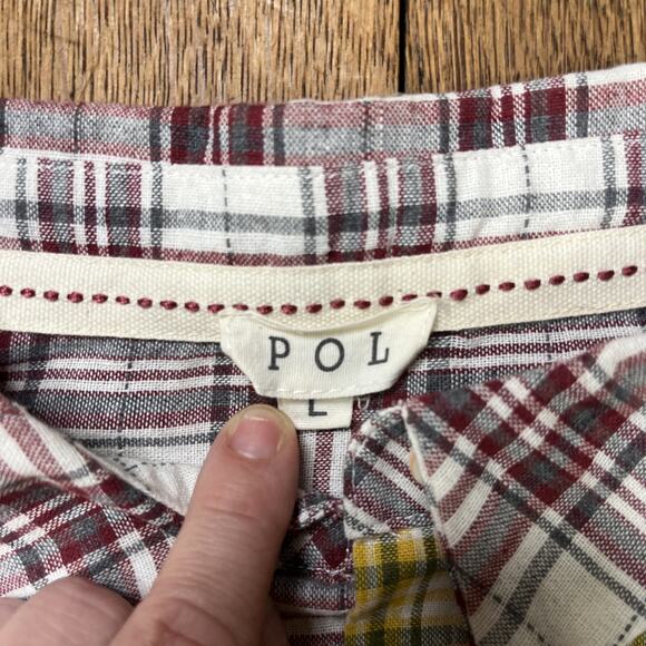 POL womens sz large long sleeve top raw edges red yellow plaid button up shirt - Picture 2 of 7